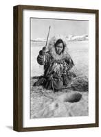 Eskimo Woman Fishing through Ice in Alaska Photograph - Alaska-Lantern Press-Framed Art Print