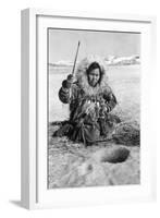 Eskimo Woman Fishing through Ice in Alaska Photograph - Alaska-Lantern Press-Framed Art Print