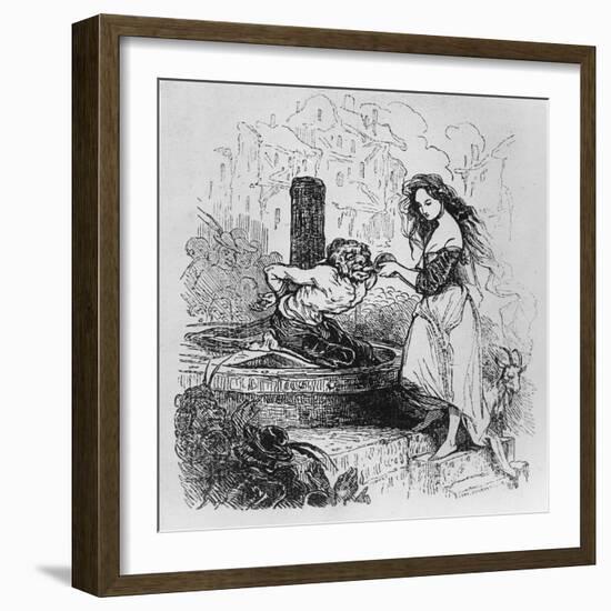 Esmeralda Giving Quasimodo a Drink, Illustration from 'The Hunchback of Notre Dame'-Tony Johannot-Framed Giclee Print