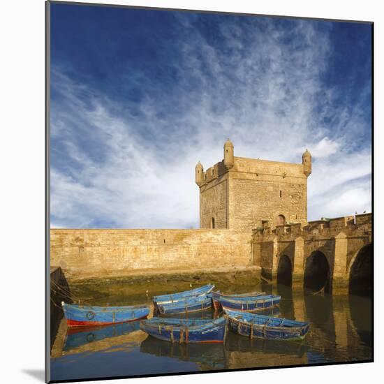 Essaouira Port with Blue Fishing Boats and the Fortress of Castelo Real of Mogador, Morocco. Unesco-Pagina-Mounted Photographic Print