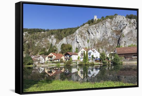 Essing with Castle Randeck Is Reflected at the Altmuehl, Nature Reserve Altmuehl Valley, Germany-Markus Lange-Framed Stretched Canvas