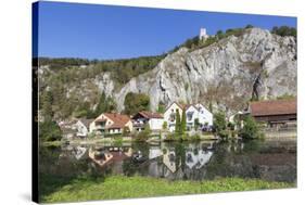 Essing with Castle Randeck Is Reflected at the Altmuehl, Nature Reserve Altmuehl Valley, Germany-Markus Lange-Stretched Canvas