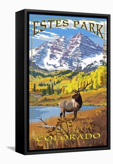 Estes Park, Colorado - Mountains and Elk-Lantern Press-Framed Stretched Canvas