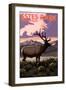 Estes Park Village, Colorado - Elk and Sunset-Lantern Press-Framed Art Print