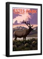 Estes Park Village, Colorado - Elk and Sunset-Lantern Press-Framed Art Print