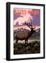 Estes Park Village, Colorado - Elk and Sunset-Lantern Press-Framed Art Print