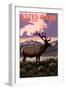 Estes Park Village, Colorado - Elk and Sunset-Lantern Press-Framed Art Print