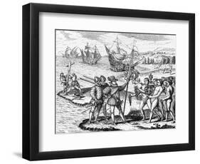 Etching of Spanish Explorers and Indigenous People-Bertrand-Framed Giclee Print