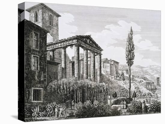 Etching of Temple of Hercules with Tourists and Gardens-Luigi Rossini-Stretched Canvas