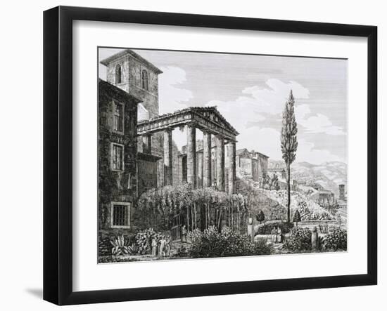 Etching of Temple of Hercules with Tourists and Gardens-Luigi Rossini-Framed Giclee Print