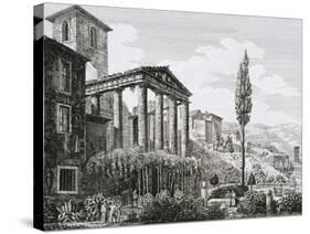 Etching of Temple of Hercules with Tourists and Gardens-Luigi Rossini-Stretched Canvas