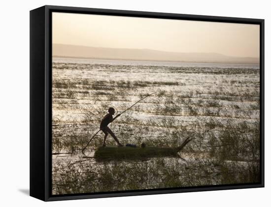 Ethiopia, Lake Awassa; a Young Boy Punts a Traditional Reed Tankwa Through the Reeds-Niels Van Gijn-Framed Stretched Canvas