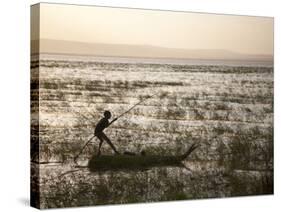 Ethiopia, Lake Awassa; a Young Boy Punts a Traditional Reed Tankwa Through the Reeds-Niels Van Gijn-Stretched Canvas