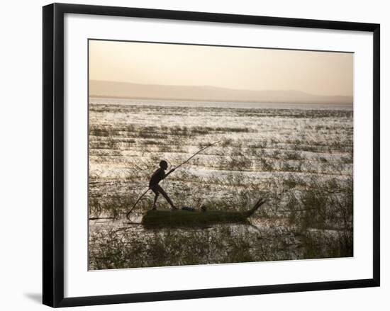 Ethiopia, Lake Awassa; a Young Boy Punts a Traditional Reed Tankwa Through the Reeds-Niels Van Gijn-Framed Photographic Print