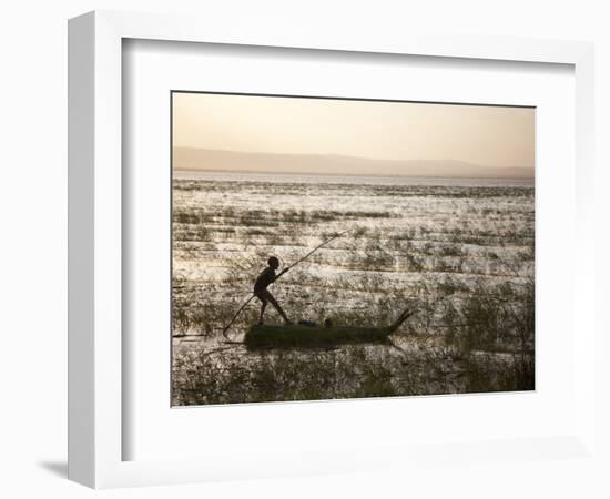 Ethiopia, Lake Awassa; a Young Boy Punts a Traditional Reed Tankwa Through the Reeds-Niels Van Gijn-Framed Photographic Print