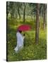 Ethiopian Woman Holding a Red Umbrella in a Field of Eucalyptus and Blooming Yellow Meskel Flowers-Gavin Hellier-Stretched Canvas