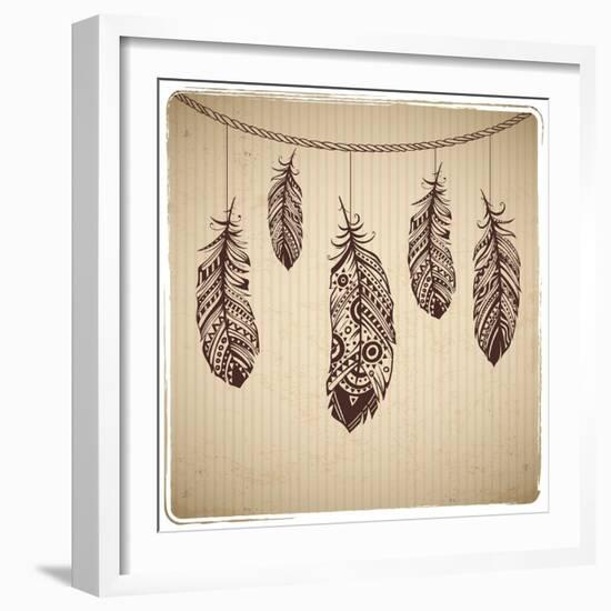 Ethnic Feather On The Cardboard Background-transiastock-Framed Art Print