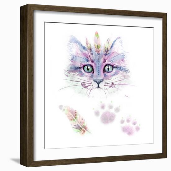 Ethno Cat Watercolor-Alina Shtefuriak-Framed Art Print