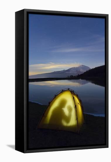 Etna erupting, is reflected in a lake at night on the Nebrodi muntains in the north of Sicily,Italy-ClickAlps-Framed Stretched Canvas