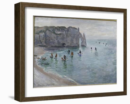 Etretat, la porte d'Aval : bateau de pêche sortant du port-Claude Monet-Framed Giclee Print