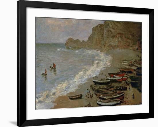 Etretat: The Beach and Harbour of Amont, 1883-Claude Monet-Framed Giclee Print