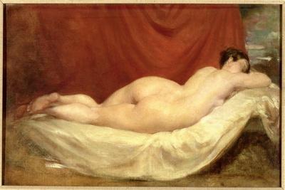 Nude Lying on a Sofa Against a Red Curtain