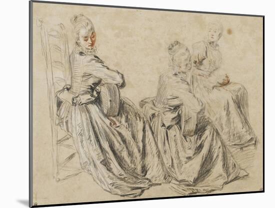 Etudes de femme jouant de la guitare ou tenant une partititon-Jean Antoine Watteau-Mounted Giclee Print