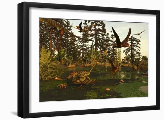 Eudimorphodon and Peteinosaurus Pterosaurs in a Swampy Triassic Scene-Stocktrek Images-Framed Art Print