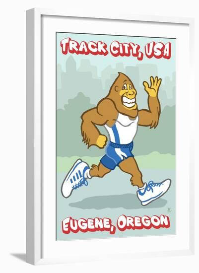 Eugene, Oregon, Bigfoot Jogging, Track City USA-Lantern Press-Framed Art Print