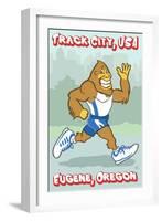 Eugene, Oregon, Bigfoot Jogging, Track City USA-Lantern Press-Framed Art Print