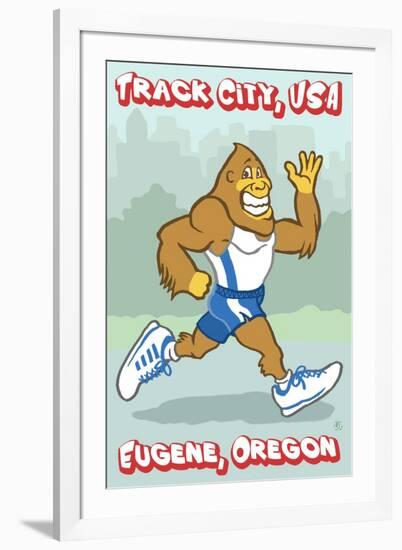 Eugene, Oregon, Bigfoot Jogging, Track City USA-Lantern Press-Framed Art Print