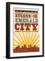 Eugene, Oregon - Skyline and Sunburst Screenprint Style-Lantern Press-Framed Art Print