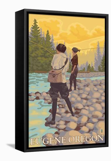 Eugene, Oregon, Women Fly Fishing Scene-Lantern Press-Framed Stretched Canvas