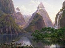 Native Figures, Milford Sound, New Zealand, Also Depicted Are Mitre Peak and Bowens Fall, 1892-Eugene Von Guerard-Stretched Canvas