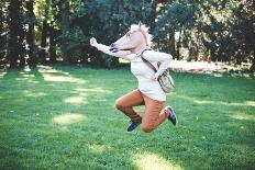 Young Hipster Horse Mask Woman in the Woodland Autumn-Eugenio Marongiu-Framed Photographic Print