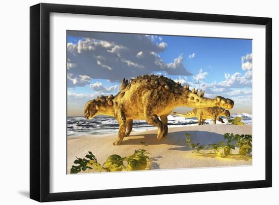 Euoplocephalus Dinosaurs Munch on Melons on an Ocean Beach-Stocktrek Images-Framed Art Print