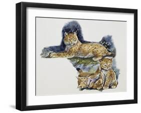 Eurasian Lynx Female (Lynx Lynx) and Her Cubs, Felidae-null-Framed Giclee Print