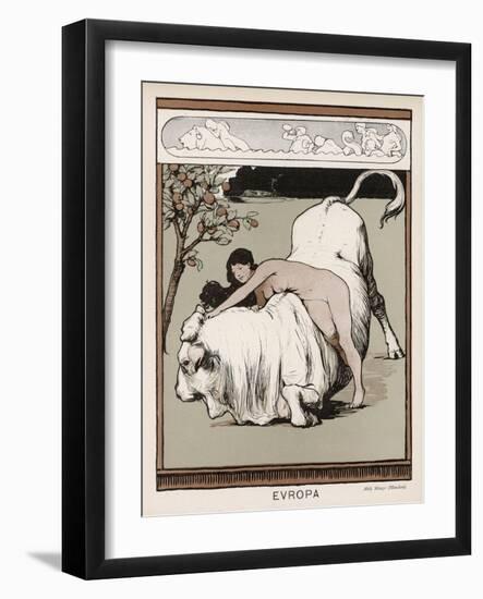 Europa Picking Flowers in a Meadow is Abducted by Zeus in the Form of a Bull and Taken to Crete-Adolf Munzer-Framed Art Print