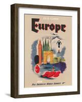 Europe - Fly by Clipper - Pan American World Airways, Vintage Airline Travel Poster, 1950s-Pacifica Island Art-Framed Art Print