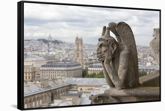 Europe, France, Paris. a Gargoyle on the Notre Dame Cathedral-Charles Sleicher-Framed Stretched Canvas