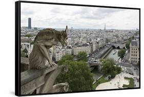 Europe, France, Paris. a Gargoyle on the Notre Dame Cathedral-Charles Sleicher-Framed Stretched Canvas