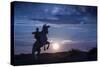 Europe, France, Provence, Camargue. Composite of man on rearing Camargue horse at sunrise.-Jaynes Gallery-Stretched Canvas