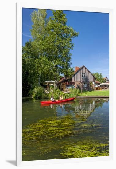 Europe, Germany, Brandenburg, Spreewald, Leipe, Traditional Houses at Water Channel, Canoeists-Chris Seba-Framed Photographic Print