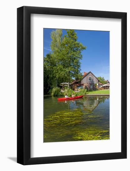 Europe, Germany, Brandenburg, Spreewald, Leipe, Traditional Houses at Water Channel, Canoeists-Chris Seba-Framed Photographic Print