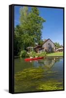Europe, Germany, Brandenburg, Spreewald, Leipe, Traditional Houses at Water Channel, Canoeists-Chris Seba-Framed Stretched Canvas