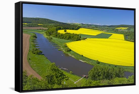 Europe, Germany, Eastern Westphalia, Rape Fields, Excursion Boat, Weser Course, Canoeist, Jetty-Chris Seba-Framed Stretched Canvas