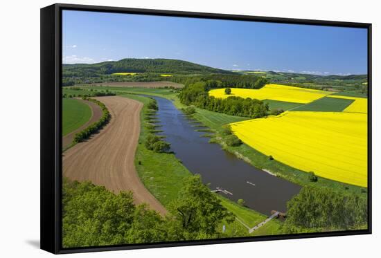 Europe, Germany, Eastern Westphalia, Rape Fields, Holiday Ship, Weser Course, Canoeist, Jetty-Chris Seba-Framed Stretched Canvas