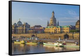 Europe, Germany, Saxony, Dresden, Elbufer (Bank of the River Elbe) with Paddlesteamer-Chris Seba-Framed Stretched Canvas
