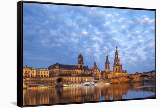 Europe, Germany, Saxony, Dresden, Elbufer (Bank of the River Elbe) with Paddlesteamer-Chris Seba-Framed Stretched Canvas