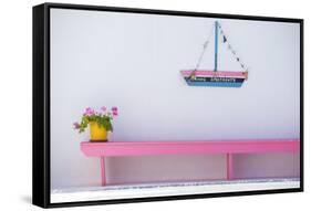 Europe, Greece, Cyclades Island,Aegean Sea, Mykonos, Myconos, Bench in Myconos Town-Christian Heeb-Framed Stretched Canvas